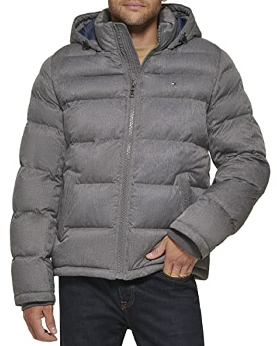 Tommy Hilfiger Men's Classic Hooded Puffer Jacket (Standard and Big & Tall), Heather Grey, XX-Large
