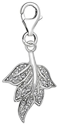 Quiges Charm Anhänger Weiß Zirkonia Blatt 925 Silber mit Karabinerverschluss für Bettelarmband