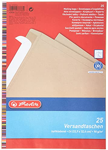 Herlitz Versandtasche C4 90 g Haftklebend, Recyclingpapier, blauer Engel, 25-er Packung, eingeschweißt, braun