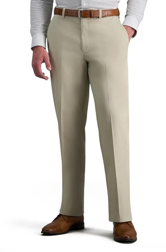 Haggar mens Premium No Iron Khaki Classic Fit Expandable Waist Flat Front Pant, Sand, 36x30