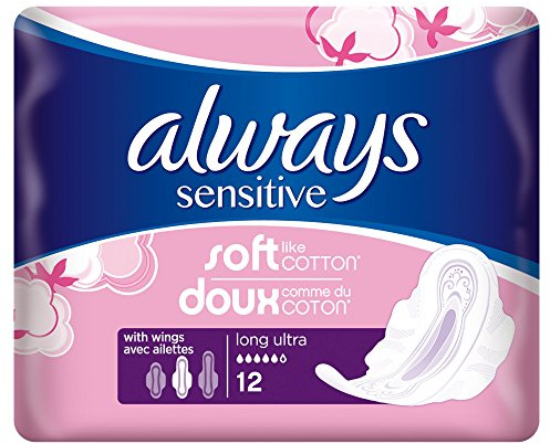 Always Sensitive Long Ultra Binden Flügel, weich wie Baumwolle, getestet auf sanft und parfümfrei, Größe 2, 12 Stück