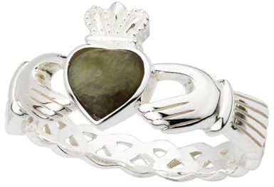 Biddy Murphy Irish Claddagh Ring for Women, Real 925 Sterling Silver Authentic Celtic Jewelry Made in Ireland with Connemara Marble Gemstone and Celtic Weave Size 5