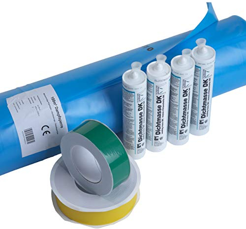 100m² Dampfsperrsystem aus Dampfsperrfolie, Klebebändern und Anschlussklebedichtmasse Dampfbremsfolie Dachfolie Dachabdichtung Set Dampfsperre Dampfbremse Dachset Abddichtung