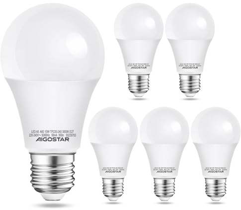 Aigostar Led E27 Warmweiß 10W Leuchtmittel Birne Lampe 3000K 950Lumen Abstrahlwinkel 280 Grad A60 Glühbirnen Tropfen 5 Stücke Energiespar