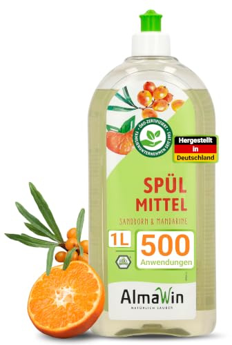 AlmaWin® Spülmittel Öko [1L] mit Sanddorn & Mandarine-Duft - Kraftvolles Geschirrspülmittel flüssig mit hoher Fettlösekraft - Vegan Dish Soap - Biologisch abbaubares & ergiebiges Konzentrat