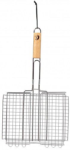 BEST SPORTING Grillkorb mit Holzgriff I 31 x 24 x 6 cm I verstellbar Grillgutwender rechteckig I Edelstahl mit langem Griff I Grillhalter I Gemüse Grillkorb I Grillkorb Edelstahl I Grillgitter