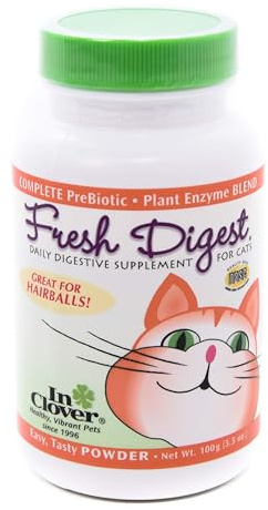 In Clover Fresh Digest Daily Digestive Aid and Immune Support Supplement for Cats, Natural Prebiotic and Enzyme Powder for Healthy Stools, Hairball Control, Stop Litterbox Odor, Works Fast 100g/3.5oz