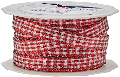 Präsent - VICHY METALLIC Geschenkband - rot/weiss - 20-m-Rolle 10 mm