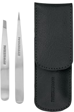 TWEEZERMAN Petite pince à épiler set (étui en cuir, pinces à épiler biseautées et pointues, épilation des sourcils, acier inoxydable), Noir