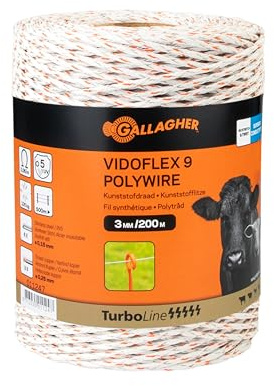 200 m Gallagher Weidezaunlitze Vidoflex 9 TurboLine (weiß) - Elektrozaun Litze - Geeignet für Rinder, Schafe, Rehe & Hirsche, Schweine, Wildschweine, Ziegen - UV-stabil und verdrehsicher -