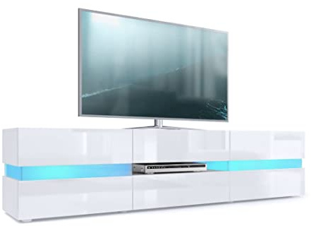 Vladon Buffet Bas Flow, Meuble TV avec vitre d’Ambiance rétroéclairée, 2 Portes, 1 tiroir et 1 clapet, Blanc Mat/Blanc Haute Brillance, éclairage LED Inclus (177 x 45 x 39 cm)