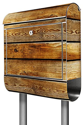 banjado® Standbriefkasten Edelstahl mit Zeitungsfach Motiv Holzbretter/Briefkasten mit Standfuß/Edelstahl Briefkasten freistehend - A4 Einwurf inkl. 2 Schlüssel