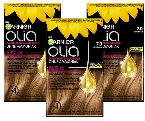 Garnier Olia Dauerhafte Haarfarbe ohne Ammoniak, Mit pflegenden und natürlichen Ölen, Vollständige Grauhaarabdeckung, Permanente Coloration, Nr. 7.0 Mittelblond, 3 x 1 Stück