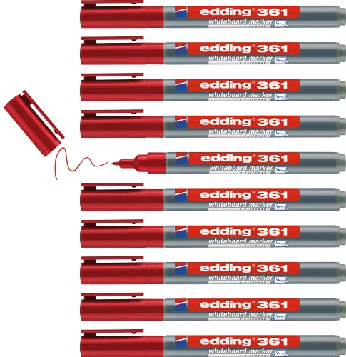 edding 361 whiteboard marker - red - 10 whiteboard pens - round tip 1 mm - whiteboard pen dry wipe - for whiteboards, flipcharts, pinboards, magnetic and memo boards - sketchnotes - refillable