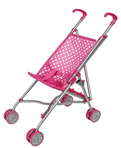 Idena 40068 - Puppenbuggy zusammenklappbar, pinker Bezug mit niedlichem Punktemotiv, Schiebehöhe ca. 55 cm