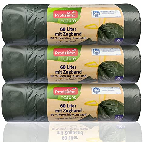 Öko Müllbeutel mit Zugband - 60 Liter (60 Stück) - Extrem Reißfest & Flüssigkeitsdicht - 3er Pack (3x20 Stück) - Blauer Engel Zertifikat