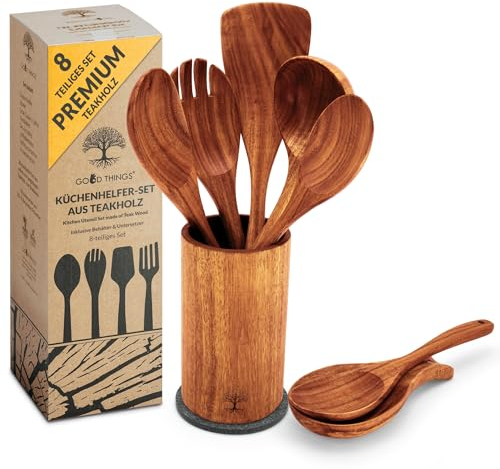 GOOD THINGS - Teakholz-Kochbesteck Set - 8-teiliges Kochlöffelset aus Holz - Langlebig & Natürlich - Hitzebeständig & Praktisch - Holzlöffel Set - Küchenutensilien - Küchenhelfer - Holzgeschirr