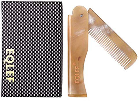 EQLEF Peigne à barbe pliable, peigne portable en corne de yak, soin de la barbe et des cheveux, beige, unisexe