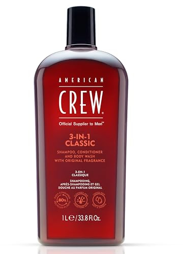 American Crew 3 in 1 Classic, Revitaliserande och fuktgivande schampo, balsam och duschgel för hår och kropp (1000 ml), Klassisk