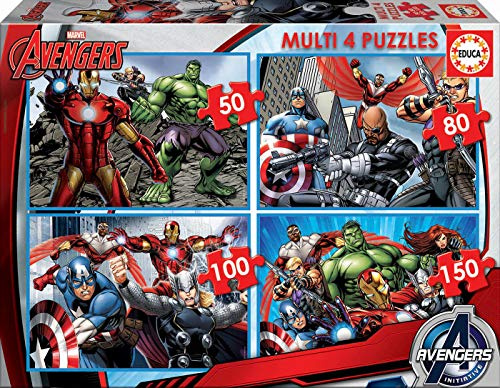 Educa - Kinderpuzzle Avengers | 4in1 Puzzleset 50/80/100/150 Teile | Iron Man, Captain America, Marvel | ab 5 Jahren (16331)