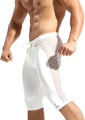 MIZOK Men's Fishnet Lace-up Compression Yoga Workout Bodybuilding Leggings White, S
