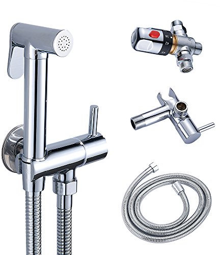 Kit Douchette WC Mitigeur Thermostatique Douchette avce Pulvérisateur à Main pour L'hygiène Intime Anti-brûlure en Laiton Chromé Toilette Bidet Spray Set Douchette Bidet