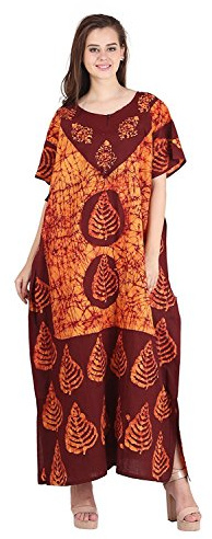 Odishabazaar Cotton Kaftan Dress Maxi Long Tunic Batik One Size, Yellow-brown, One size