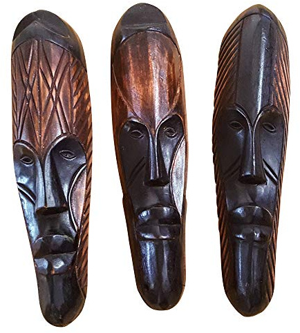 NOVARENA African Art Cameroon Gabon Fang Wall Masks and Sculptures - Africa Home Mask Decor (3 Pc Black & Brown 12 Inch Fang Mask)