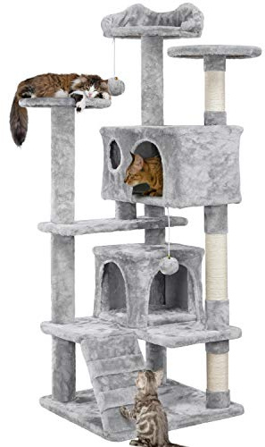 Yaheetech 139cm Cat Tree for Indoor Cats with Scratching Posts, Light Grey | Multilevel Cat Tower, 2 Condos, 3 Perches, Sisal Posts, Ladder, Safety Strap, for Small to Large Cats, FSC-Certified