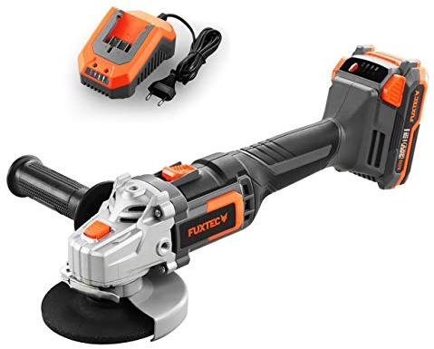 FUXTEC Amoladora angular a batería 20V E1WS20 – incluye batería de 2Ah y cargador de 2,4A – Sin cable, con mango lateral - Diámetro del disco: 115mm, máx. velocidad 7500 r/min.