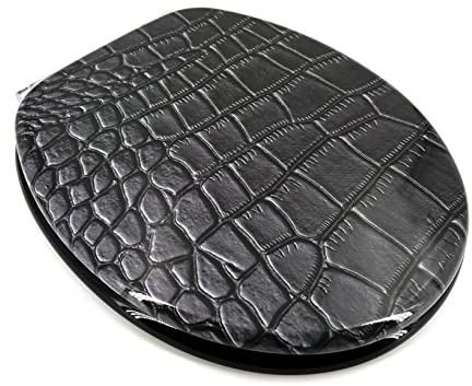 ADOB, Holzkern WC Sitz Klobrille Schuppen Farbe Schwarz, Absenkautomatik, 32607