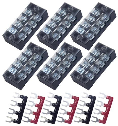 CEEYSEE 12pcs(6 Sets) 4 Positions Dual Rows Covered Screw Terminal Block 600V 25A + 6Pcs 4 Positions Pre-Insulated Black/Red Fork Terminal Barrier Strip 400V 25A (TB2504)