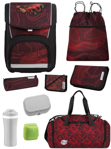 Familando - McNeill Basic Schulranzen Set - 9-teilig mit Sporttasche - Drachen - Ergonomisch & Verstellbarer Brustgurt - 960g leicht mit 21L Volumen & Reflektoren - Für Grundschule ab 1. Klasse