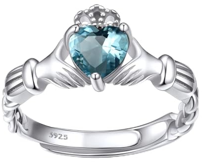 Bestyle Silver Love Celtic Claddagh Ring Created Heart Gemstone Rings March Aquamarine Crystal Birthstone Rings for Women, Hypoallergenic Adjustable Rings for Every Finger, Size 6-12