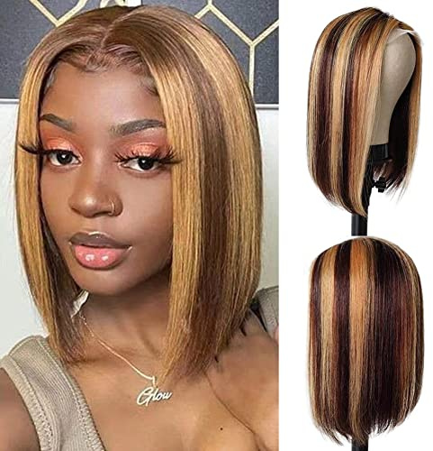 DÉBUT 4/27 Ombre Straight Bob Perücken Echthaar T Teil Lace Front Bob Perücke Vorgezupft mit Babyhaar 150% Dichte brasilianisches Jungfernhaar für Frauen(20 cm, Ombre Highlight)