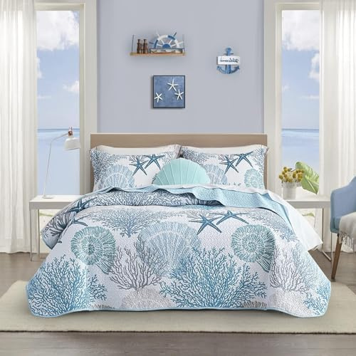 Tritard Juego de edredón costero de 3 piezas tamaño matrimonial/queen, edredones reversibles de microfibra con 2 fundas de almohada, ropa de cama de playa, colcha náutica, edredón de verano para todas