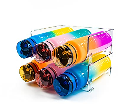 GESPINK Flaschenaufbewahrung, 2er Set Flaschenregal, Aufbewahrung Flaschen Schrank, Flaschen Organizer Schrank, Flaschenregal Kühlschrank stapelbar, Flaschenhalter, mit 3 Kühlschrank Pads (2er Set)