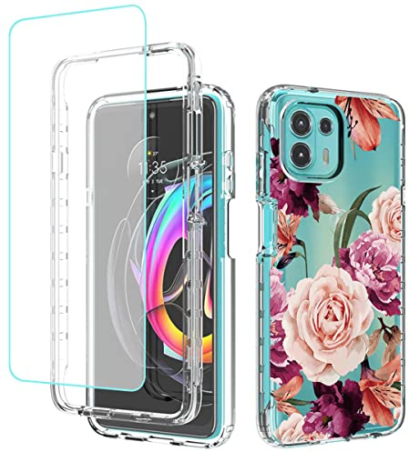 Yerebel Case for Moto Edge 20 Lite/Moto Edge 20 Fusion XT2139-1 with Tempered Glass Screen Protector, Floral Design Full Body Protective Cell Phone Cover for Motorola Moto Edge 20 Lite (Purple Flower)
