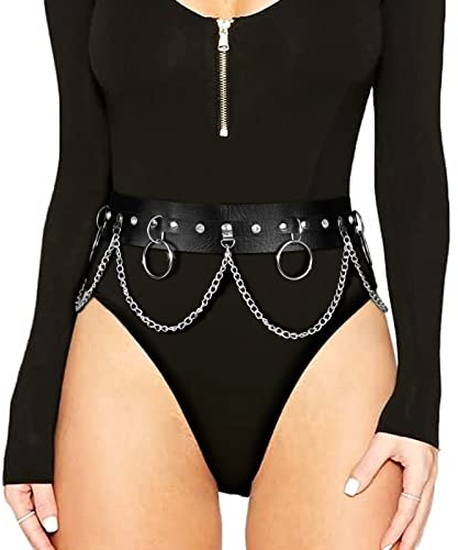 LEACOOLKEY Frauen Punk Taillenkette Gürtel Schwarz, verstellbare Körperkette Gothic Bauch Taillengürtel Rock PU Leder geschichteter Gürtel für Mädchen Kleid Halloween Kostüm