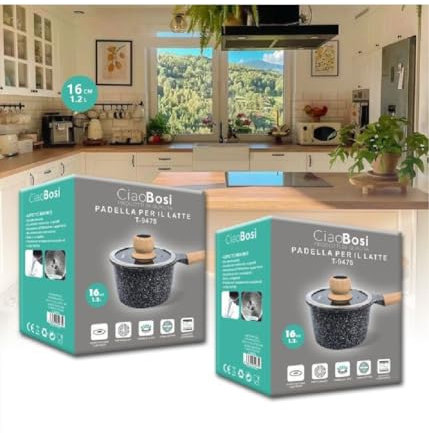 OISE ART STORE Trade Shop - Pentolino Padella Latte Pentola Bollilatte con Manico Coperchio 16cm 1,2lt T-9475