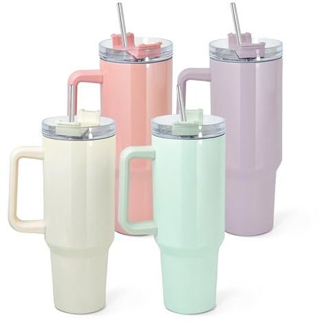 AGH Lot de 4 gobelets à sublimation fins à double paroi isolés sous vide avec couvercle et paille de 1200 ml - Bouteille d'eau réutilisable