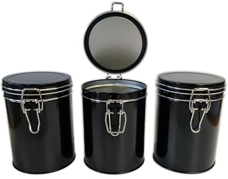 SHC Web 3 x Black Clip Lid Kitchen Storage Canister Airtight - Tea/Coffee/Sugar/Biscuits/Food - 700ml 1 Pint Metal Tin Pack