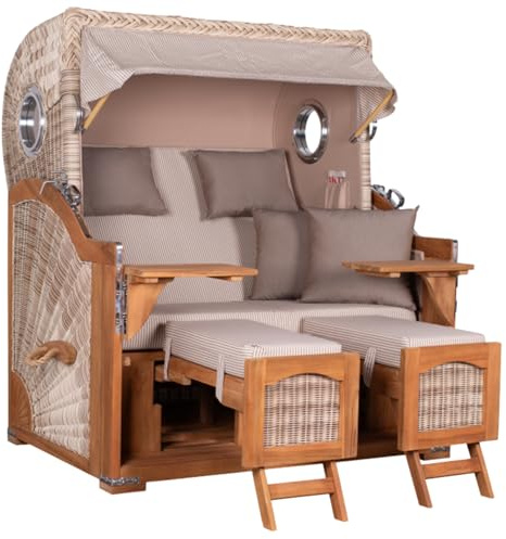 MR. DEKO® Strandkorb Düne Grande XL 2,5-Sitzer Teak | PE Geflecht Shell - Dessin 510 | Volllieger Strandstuhl mit Bullauge inkl. 2 Fußablagen | je 2 Kissen und Nackenkissen | Strandkörbe aus Teakholz