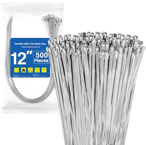 Paquete de 500 bridas de acero inoxidable 304 de 12 pulgadas con resistencia a la tracción de 270 libras, bridas resistentes para granjas, tuberías, techos, talleres, uso al aire libre