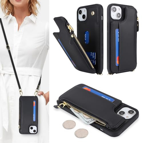 SailorTech Handyhülle für iPhone 13 Etui mit Kartenfach, iPhone 13 Hülle mit Verstellbarer Halskette, iPhone 13 Handytasche mit Reißverschluss Geldbörse - Schwarz