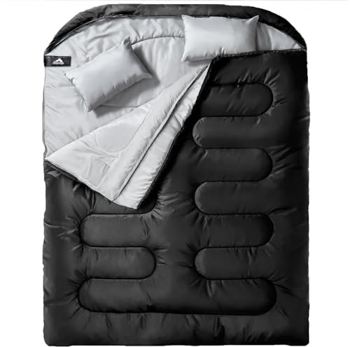 MEREZA Doppelschlafsack für Camping, Erwachsene, mit Zugkragen, 2 Personen, Schlafsäcke für Herren, XL, Queen-Size-Schlafsack für kaltes Wetter und warm, für alle Jahreszeiten, Grau