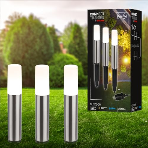 Briloner - Sistema de jardín Connect to Shine de 12 V, juego de 3 bolardos LED con estaca, juego de extensión, IP44, luz blanca cálida, iluminación de jardín, luces de camino, 36,5x4 cm, plateado