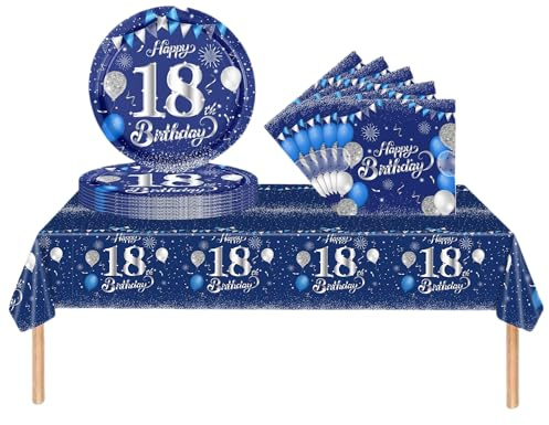 37pcs Navy Silver 18th Birthday Decorations - Tablecloth, Paper Plates, Napkins & Serviettes for Him, Her