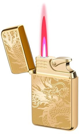 JETSPEC Red Flame Gold Dragon Jet Lighter, Windproof & Adjustable, Butane Refillable for BBQ & Candles, Men's Gift