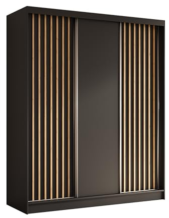 Margaret Hadas24 Kleiderschrank Erika mit Lamellen ohne Spiegel, Organizer, Mehrzweckschrank, Schwebetürenschrank, Garderobenschrank, Kleiderstange, Kleiderständer, Flurschrank, 180 cm, schwarz, braun